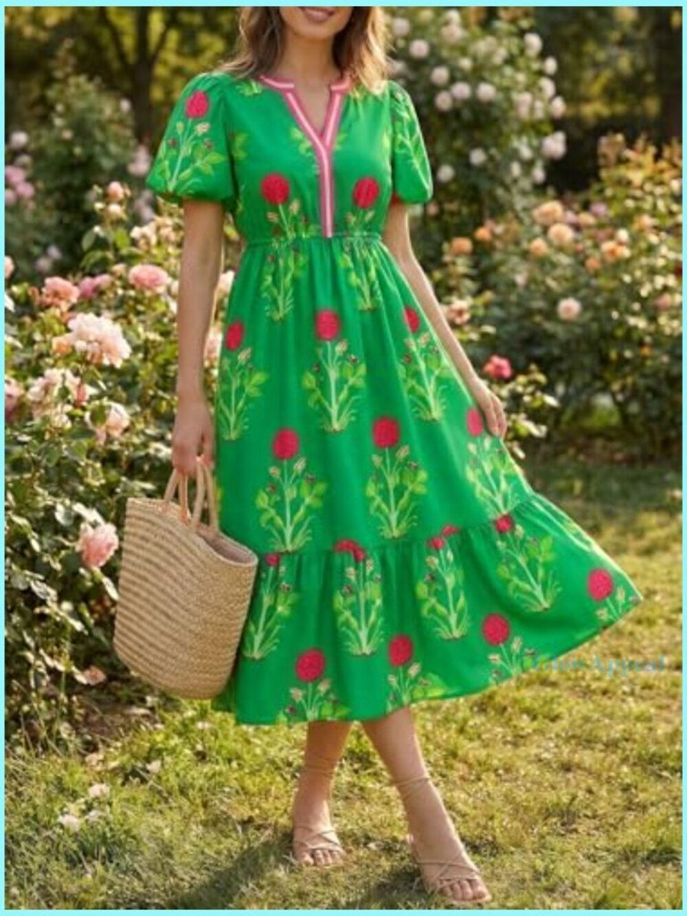 Summer Maxi Dress Floral Print A-Line Puff Sleeve V-Neck Boho Beach - Picture 4 of 7